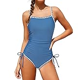 Cuddomper Girls Swimsuit One Piece Bathing Suit Color Contrast Trim Adjustable Strap Drawstring Swimwear for Teens Size 9-16