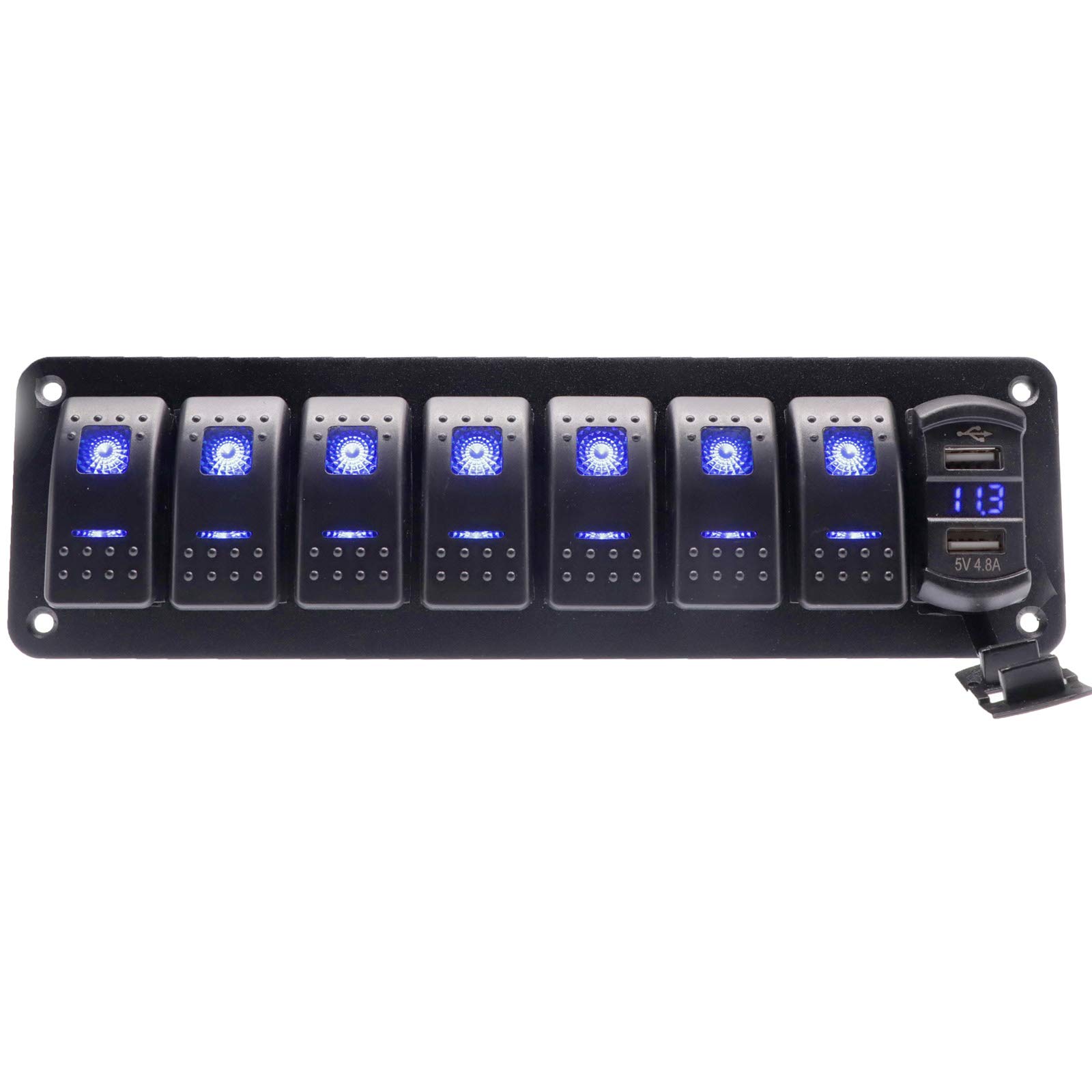 KAOLALI 5/7 Gang Rocker Switch Panel Kit 12V/24V Circuit Breaker Blue LED Waterproof Marine Rocker Switch Panel Dual USB Charger Port