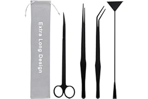 PETSOCIE Aquarium Aquascape Tools Kit, Long 15 Inch Stainless Steel Aquatic Plants Tools, 4 in 1 Anti-Rust Black Aquascaping Tweezers Scissors Spatula Scrapers Tool Set for Fish Tank Cleaning Plant Trimming