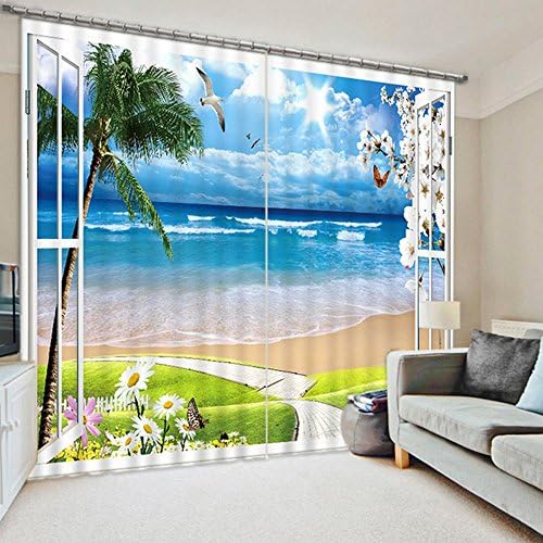 Lebather 3D Scenery Blackout Curtain Window Treatment Panels (80W84"L, Beach View)