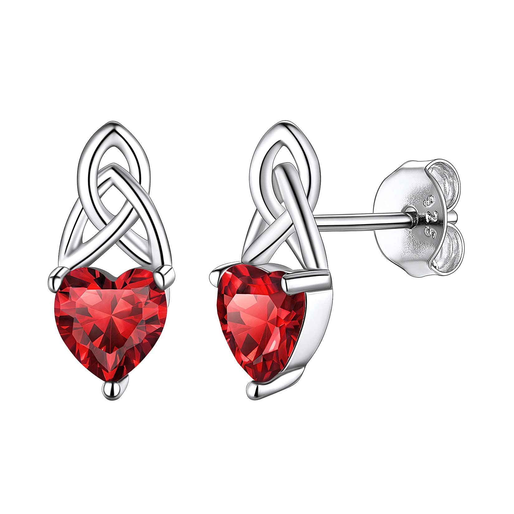 925 Sterling Silver Dainty Cute Hypoallergenic Triquetra Celtic Knot Heart Shaped Simulated Red Garnet January Birthstone Stud Earrings Irish Jewelry for Women Teens