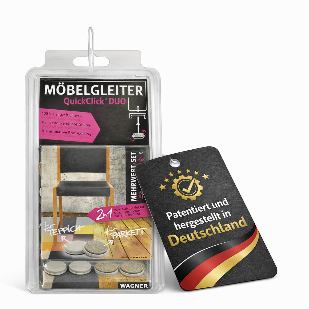 QuickClick WAGNER Furniture glides - DINING SET - 1 table, 6 chairs I 28 x base + reversible insert - DUO wool felt ULTRASOFT + plastic HYPER - diameter Ø 20 mm & Ø 25 mm - 15790001, Black/Grey