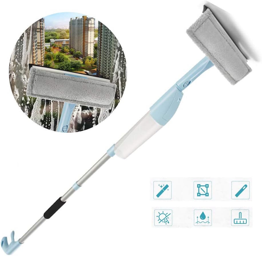 UFLIZOGH Spray Window Squeegee Multifunctional 120CM Window Cleaner with Microfiber Double Cleaning Window Cleaning Kit for Mirror Car Bathroom Floor (Blue)