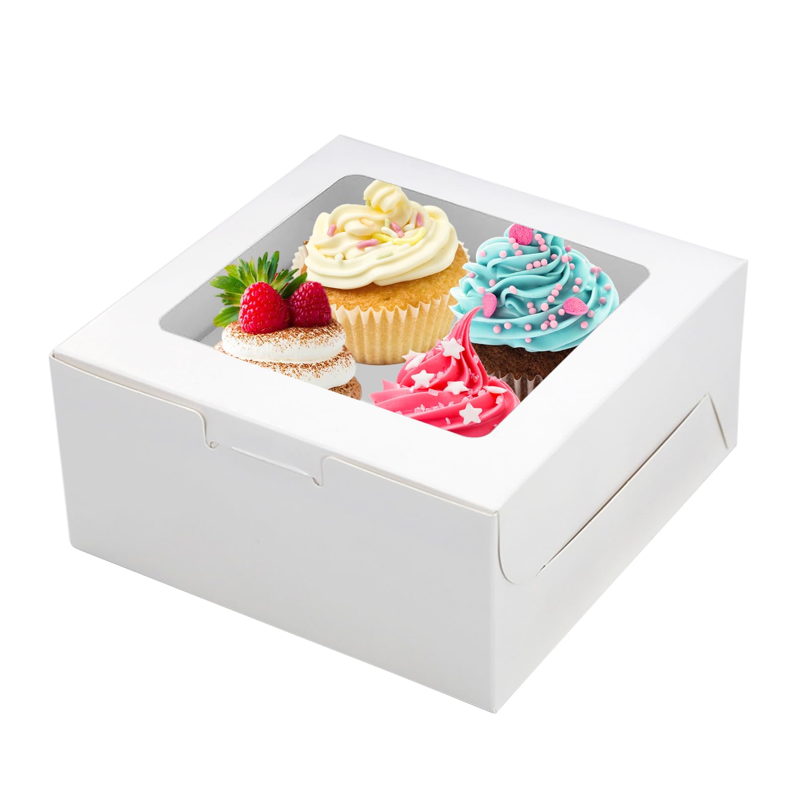 SUPERFA 25Pcs 4 Hole Cupcake Boxes with Window for Home Baking and Cake Shop (White)