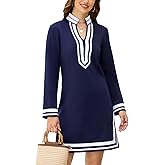 YEXPINE Women's Color Block Shift Mini Dress Long Sleeve V Neck Casual Tunic Dress