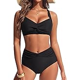 Hanna Nikole Women's High Waisted Bikini Sets, Tummy Control 2 Piece Swimsuits, Full Coverage Knot Front Bathing Suit