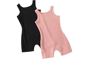COZYEASE Girls' 2 Pack Short Romper Scoop Neck Ribbed Knit Sleeveless Summer Unitard Romper Tank Jumpsuit