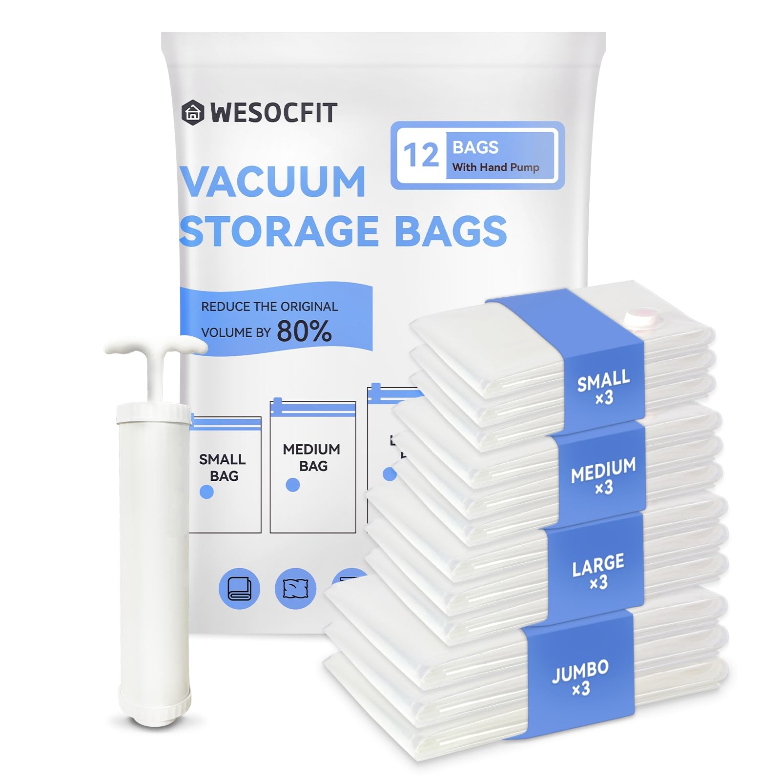 Photo 1 of 12 Pack Vacuum Storage Bags with Hand Pump, (3 Small, 3 Medium, 3 Large, 3 Jumbo) Vacuum Seal Bags for Clothing, Space Saver Bags for Travel, Luggage Compression Packing