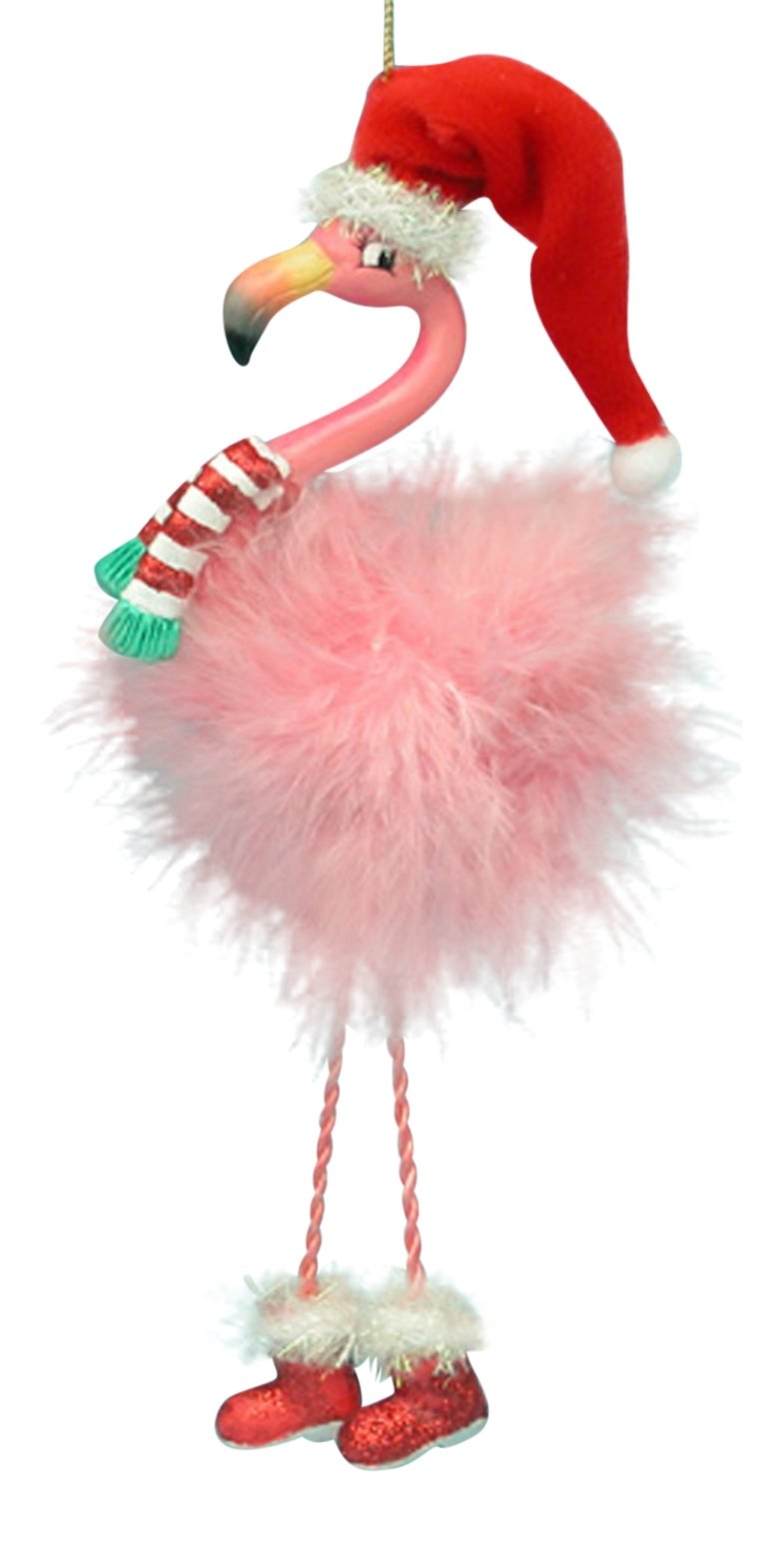 Photo 1 of ***MAJOR DAMAGE*** Pink Flamingo in Santa Hat and Feathers Christmas Holiday Ornament