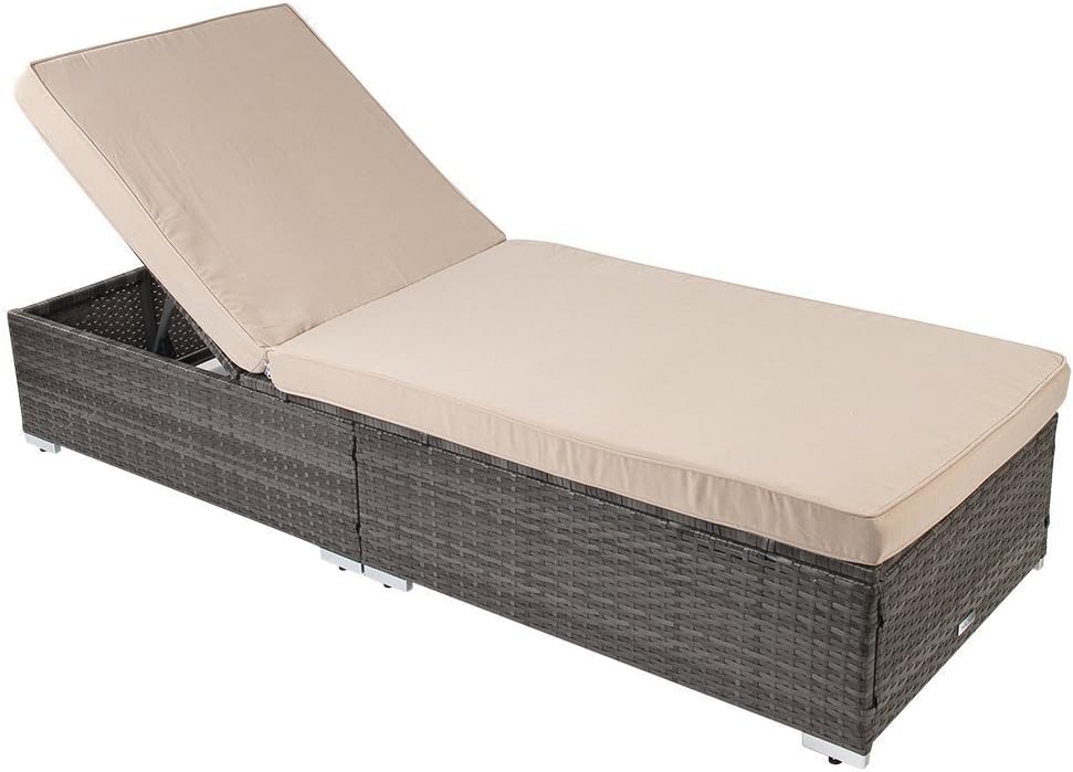 PatioPost Outdoor Adjustable Chaise Lounge Wicker Chair with Removable Padded Cushions, Beige/Gray
