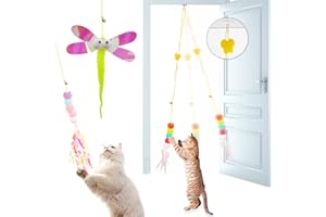 VTEAS Feather Teaser Toys, Butterfly Worm Interactive Hanging String Cat Toy, Door Hanging Cat Pet Toy for Indoor Cats Kitty Play Chase Exercise - Feather / Dragonfly / Tassels worm 3 Pcs set (Feather Worm)