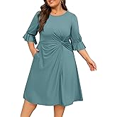 Manllenshie Women's Plus Size Dresses Casual 3/4 Ruffle Sleeve Crew Neck Twist Knot Wrap Slit Hem Dress with 1 Pocket