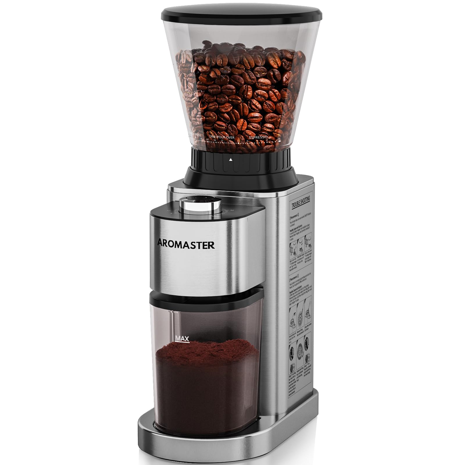 Aromaster Coffee Bean Grinder with 48 Gind Settings, Conical Burr Coffee Grinder for Home Use,Stainless Steel,40 Seconds Adjustable Timer,Anti-static,Easy to Clean with Brush,Grey