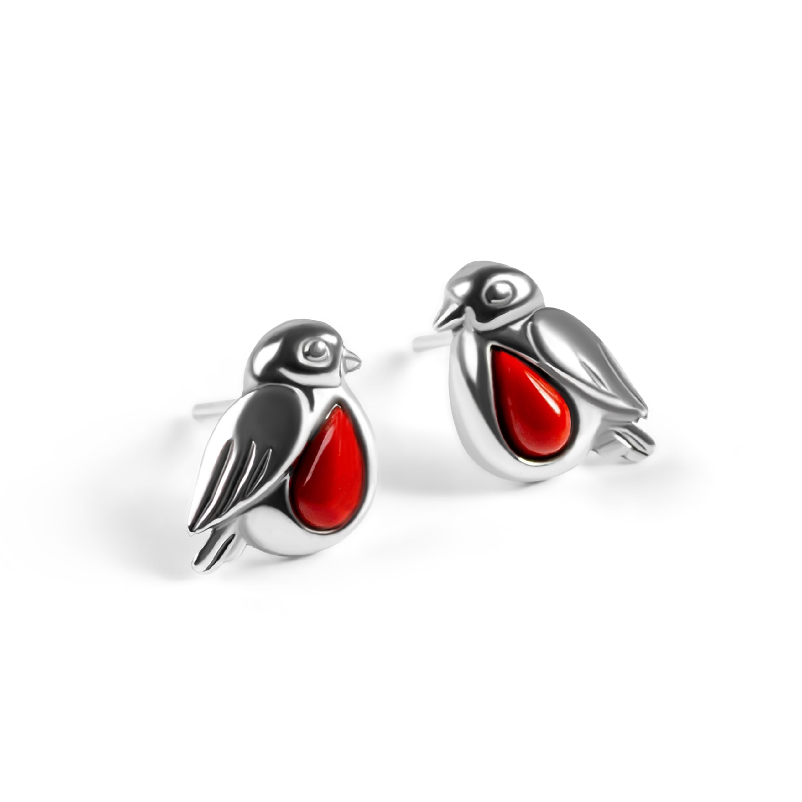 HENRYKA Robin Stud Earrings 925 Sterling Silver & Red Coral | Highly Detailed Classic British Bird Design | Great Year-Round Gift for Bird Lovers | 10 mm x 7 mm | Hypoallergenic | Presentation Box