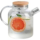 Tissting Water Pitcher 0.47 Gallon Glass Jug Clear Fridge Bottle with Lid and Wooden Handle, Juice Carafe for Iced Tea, Cold Water