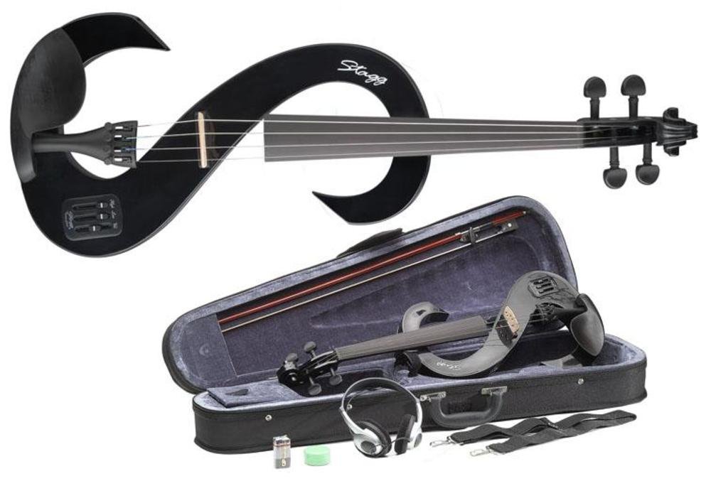 Stagg Full Size 4/4 Electric Silent Violin Set with Bow, Hard Case, Strap, Stereo Headphones and Rosin, Black, S Shape