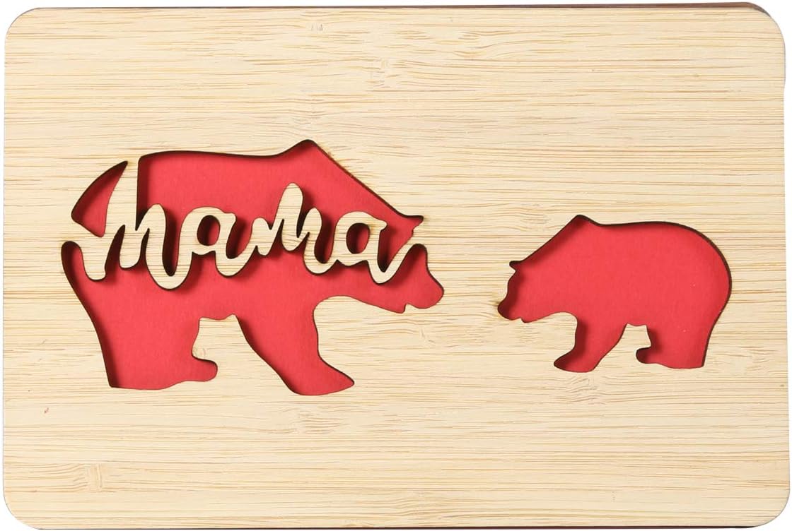 Bear Pattern Happy Birthday Cards for Mum,Handmade Real with Bamboo Wood,Wooden Mother's Day Greeting Cards for Mom