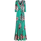 Bon Rosy Women's 3/4 Sleeve V-Neck Printed Maxi Faux Wrap Floral 4c4 Dress Green S