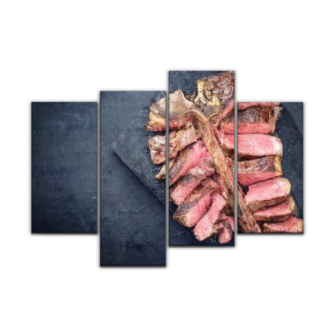 4 Panel Barbecue dry aged wagyu porterhouse steak sliced as top view on a Canvas Pictures Home Decor Gifts Canvas Wall Art for your Living Room
