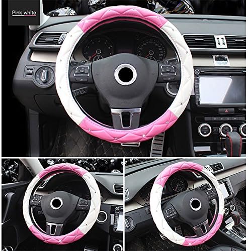 EcoGehen Universal Fit Car Steering Wheel Cover PU Leather 38CM/15'' DAD Cystal Diamond Steering Wheel Cover Four Seasons Steering Cover for Girl &amp; Women - White &amp; Pink
