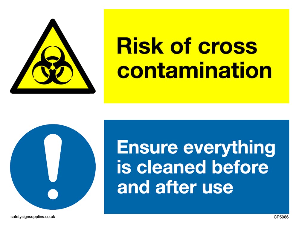 Pack of five - dual biohazard triangle and mandatory exclamation circle Sign - 100x75mm - A7L