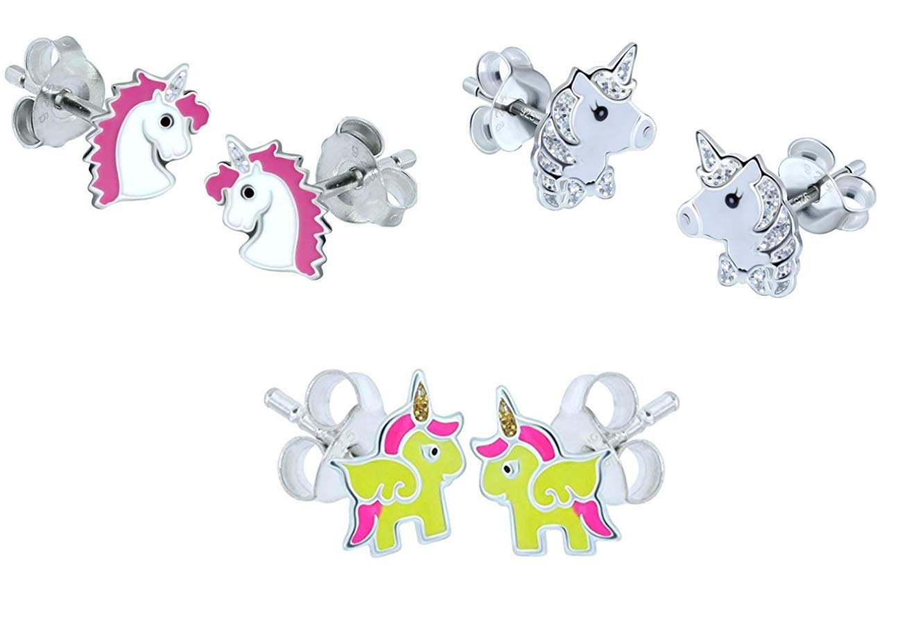 Unicorn Earrings Sterling Silver Studs 3 Pairs Pink Glitter