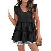 Womens Babydoll Tank Tops V Neck Ruffle Sleeve Pleated Peplum Shirts Summer