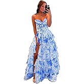 Mollyevers Corset Floral Tiered Prom Dresses for Women Strapless Long Ruffle Formal Evening Gowns with Slit