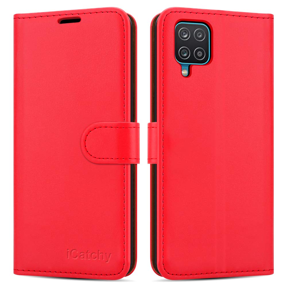 iCatchy For Samsung Galaxy A12 Case Leather Wallet Book Flip Folio Stand View Cover with Card Slots Compatible with Galaxy A12 5G (6.5'') (Red)