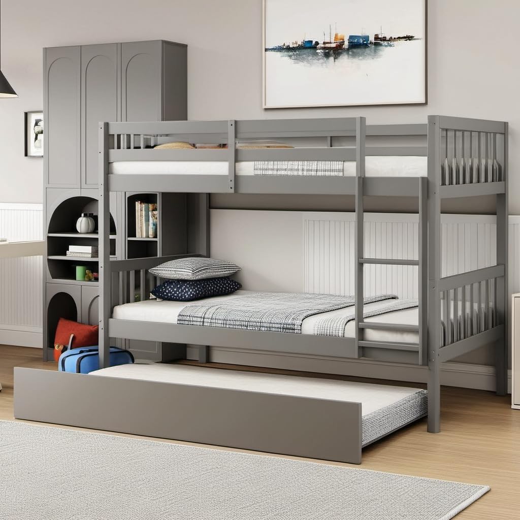 Photo 1 of ***PARTS ONLY***
PVWIIK Twin Over Twin Bunk Bed with Trundle and Ladder for Kids Bedroom,Wood Bed Frame with Safety Rails,Convertible to 2 Bed,No Box Spring Needed,Grey