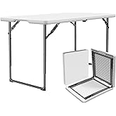 MAKE CHANGES Folding Table 4ft - Heavy Duty Fold-in-Half Plastic Table with Adjustable Height, Portable Utility Tables with S