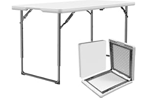 MAKE CHANGES Folding Table 4ft - Heavy Duty Fold-in-Half Plastic Table with Adjustable Height, Portable Utility Tables with Steel Legs for Indoor, Outdoor, Picnic, Camping, Dining, Party (White)