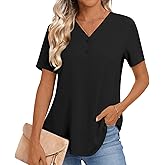 Anydoll Women's 2026 Summer Blouse Casual Short Sleeve Tops Vneck Chiffon Business Tunics Henley Tshirts