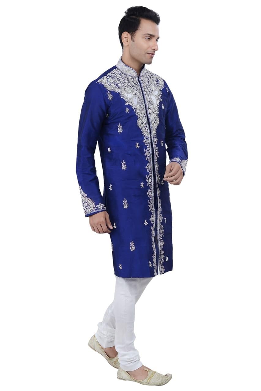ethnic indian design royal blue kurta sherwani for men 2pc suit