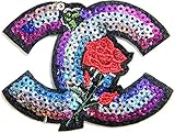 CC Logo Red Rose Sequin Sparkle Back Patch Iron on Sew Embroidered Applique Fabric Craft Art DIY Decorate Handmade Women Cloth Jacket Vest T shirt Dress Costume Accessories Gift Collection