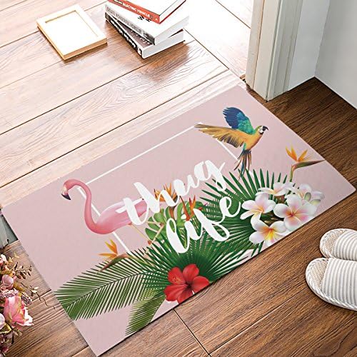 Olivefox 30x18 Inch Funny Waterproof Bathroom Doormat Home Decor Welcome Large Mat Entrance Way Indoor/Outdoor Carpet Floor Rugs, Pink Flamingo Macaw Thug Live Tropical Plants