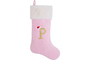 AUAWMLK 20-Inch Letter Embroidered Christmas Stocking Thick and Luxurious Pink Velvet with Super Soft Plush Cuff Personalized Festival Decoration for Xmas and New Year Party(Letter P)