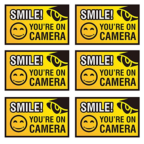 Smile You’re On Camera Sign – 6 Pack – 4 x 2.5 inches – Weatherproof & Water-resistant – Security Warning Stickers