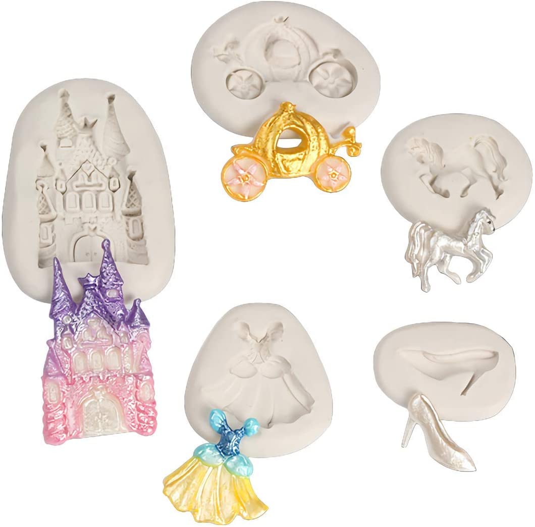 Photo 1 of 5Pcs Cinderella Themed Fairy Tales Princess Dress Castle Crystal Crystal Shoes Pumpkin Carriage Silicone Molds for DIY Fondant Candy Making Chocolate Mold Gum Clay Cupcake Topper Cake Decor