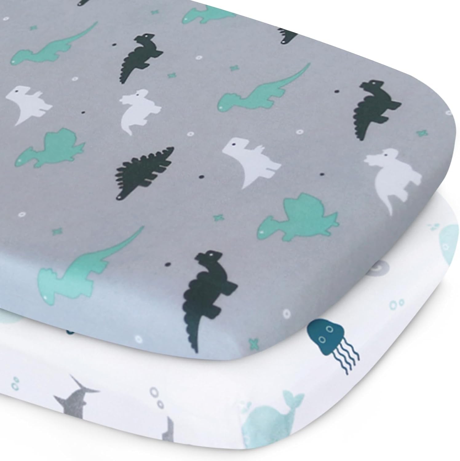 Baby Crib Sheets Fitted 84x43cm, 2 Pack of Ultra Soft & Breathable Moses Basket & Pram Sheets, Fit For SnuzPod4,Kinderkraft,COSTWAY 3-in-1,Bellababy Bedside Crib, Grey Dinosaurs & Oceans