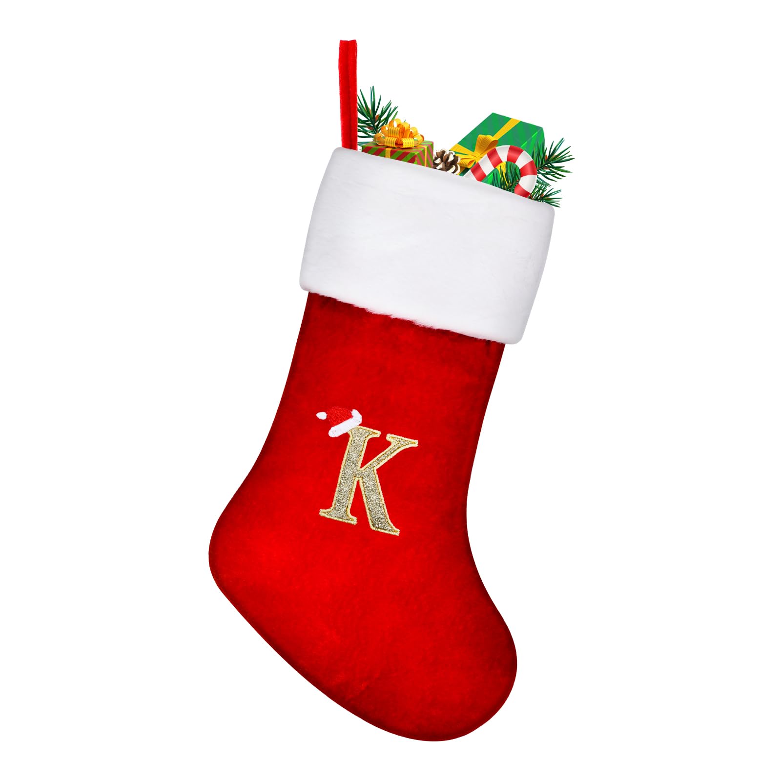 TOPWAYS Christmas Stockings, Large Monogram Xmas Personalized Embroidered Stockings with Letters, Red Fireplace Hanging Santa Socks for Christmas Decor Xmas Gift (K)
