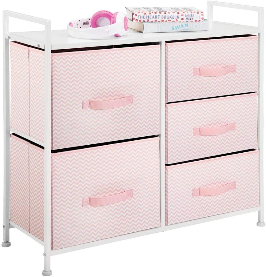 mDesign Wide Dresser Storage Tower Furniture - Metal Frame, Wood Top, Easy Pull Fabric Bins - Organizer for Kid's Bedroom, Hallway, Entryway, Closets, Dorm - Chevron Print, 5 Drawers - Pink/White: Home & Kitchen