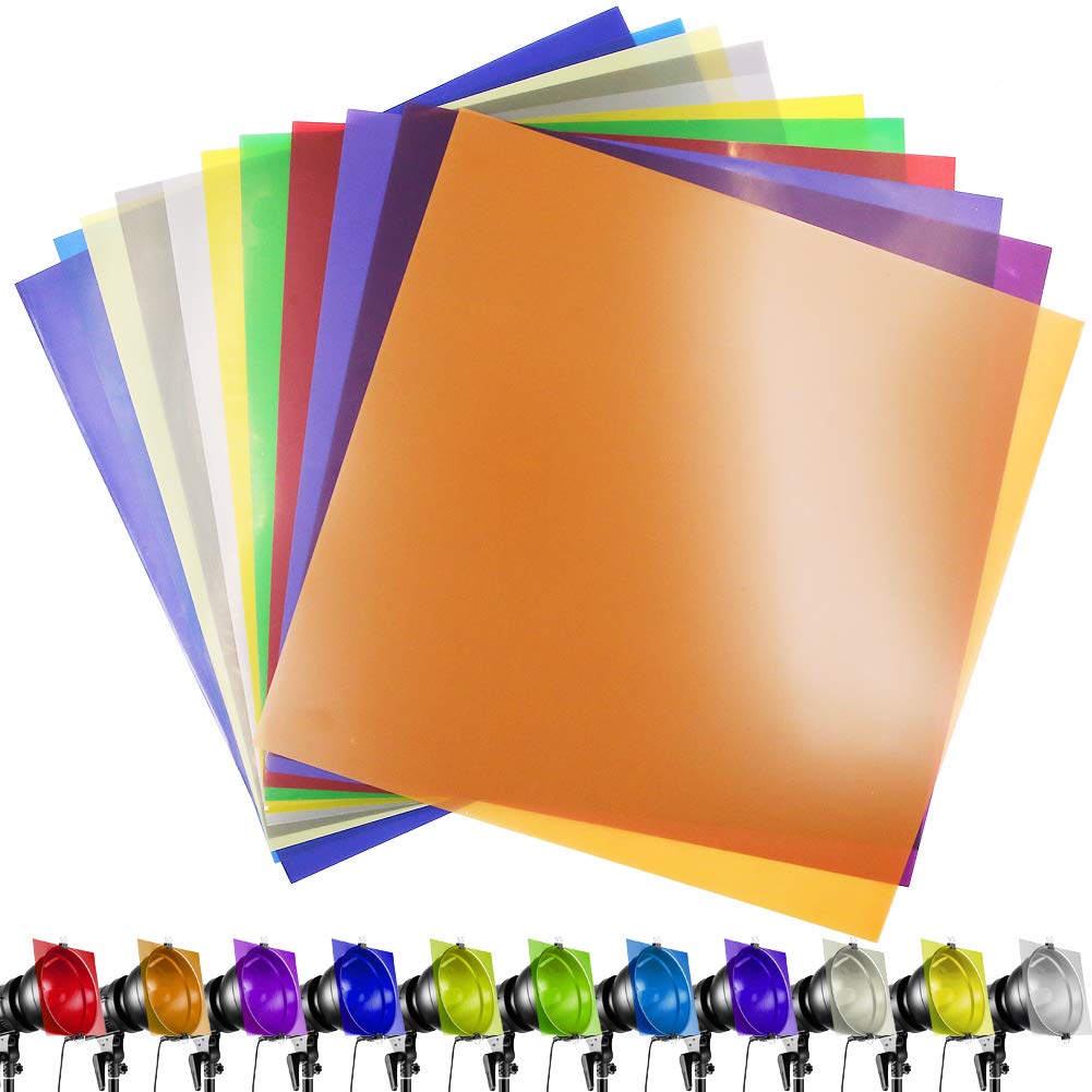 11 Pieces Square Gel Filter Correction Light Filter Overlays Transparent Color Film Plastic Sheets, 12 by 12 Inches(30 * 30cm), 11 Colors