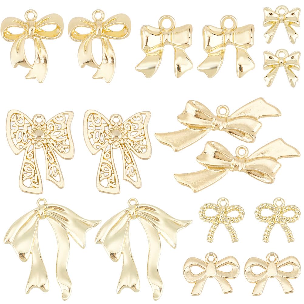 SUNNYCLUE 1 Box 32Pcs 8 Styles Gold Bow Charms Bulk Bowknot Charms Light Golden Alloy Metal Big Cute Bow Charms for jewellery Making Diy Crafting Supplies Necklace Bracelet Earring Women Beginner Wome