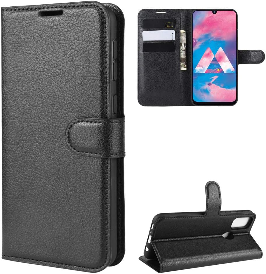 Janeqi phone case - for Samsung Galaxy M30S Case Cover，Card flip multifunction mobile phone holster solid color lychee Case Cover - black