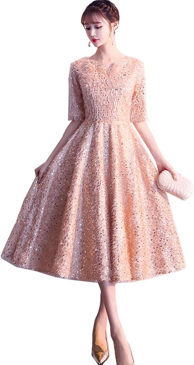 Amazon パーティドレス 大きいサイズ ファスナー付き ワンピース キラキラ ミモレ丈ドレス 花嫁 ドレス ピアノ 発表会 ドレス ステージ衣装 ゴールド 舞台衣装 結婚式 成人式 舞踏会 演奏会 披露宴ドレス お呼ばれ Dress 上品 ワンピース チュニック 通販