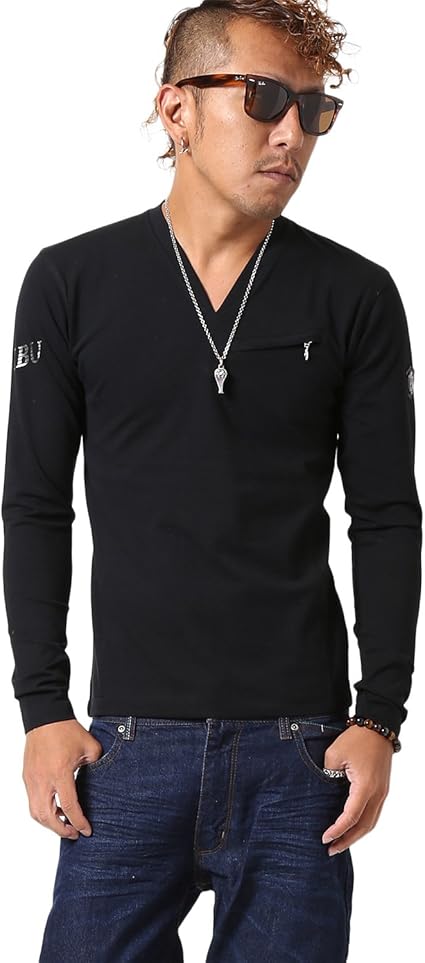 Amazon ヴィオラ Viola Rumore 17秋冬 ロンティー メンズ Vネック 長袖 Tシャツ トップス Bitter ビター系 オラオラ系 ファッション Malibuプリントvネックロンt Ll ブラック Tシャツ カットソー 通販