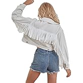 YILANUOYI Women's White Fringe Denim Jacket Cropped Jean Coat