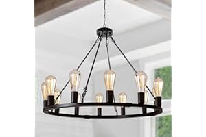Rviezza 31.5" 12 Lights Wagon Wheel Chandelier, Black Round Rustic Industrial Vintage Farmhouse Chandeliers for Dining Room Foyer Living Room Kitchen Island