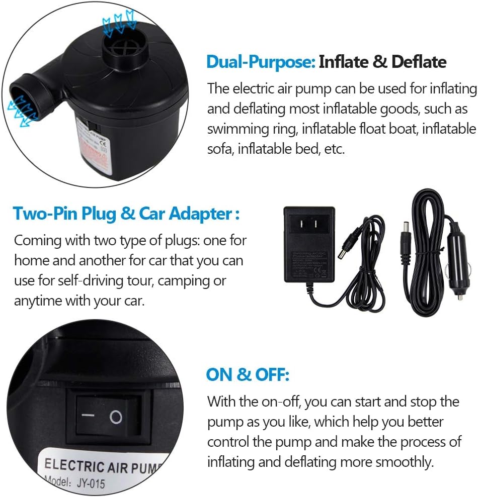 Zcaukya Electric Air Pump, Portable Inflate and Deflate Air Pump with 3 Nozzles, AC 110V / DC 12V Electric Pool Float Pump, Air Mattress Pump with Car Adapter for Camping Outdoor Pool Party, 50W: Sports & Outdoors